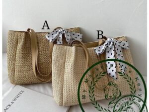 Straw Tote bag with polkadot silk scarf