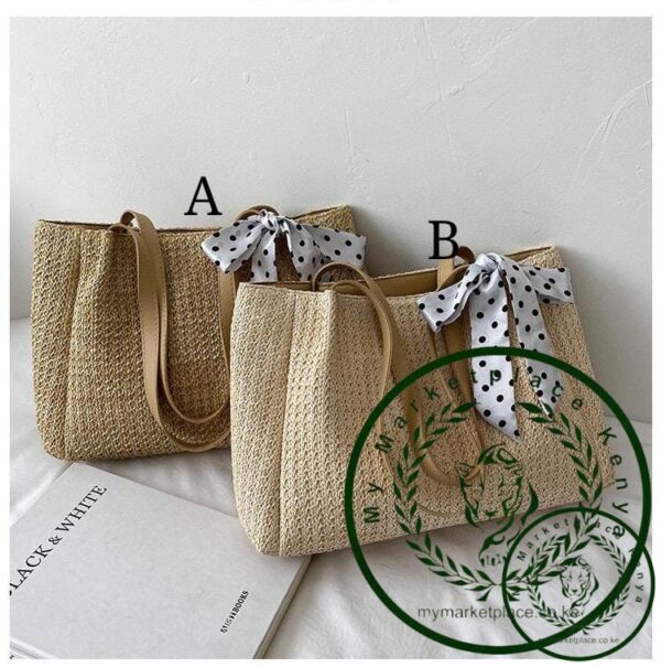 Straw Tote bag with polkadot silk scarf