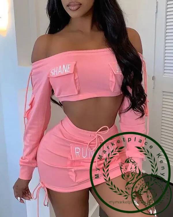 Two Piece Set Women Outfit Summer Pocket Design Letter Off Shoulder Long Sleeved Crop Top & Drawstring High Waist Mini Skirt Set