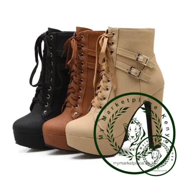 New Women's Pumps Shoes Womens Thick Sole Boots Lace Up Ladies Ankle Boots Comfortable Stiletto Heels