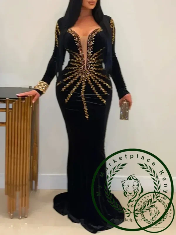 2025 Elegant Diamonds Velvet Long Party Dress for Women Sexy Deep V Evening Gown Formal Black Slim Dress Robe - Image 3