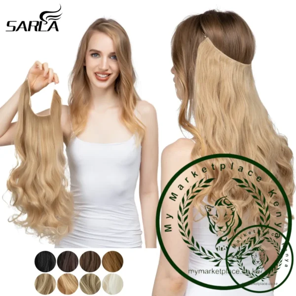 Synthetic No Clips In Natural Hair Extension Ombre Black Blonde Pink One Piece Long Wave Invisible Wire False Fake Hair Piece