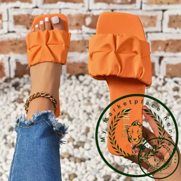 Summer Slippers for Women Flip Flops Flats New Pleated Korean Slippers Women Sandals Green Slip on Shoes Plus Size 35-43 - Image 2