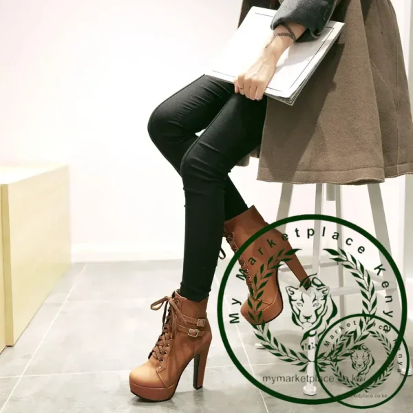 New Women's Pumps Shoes Womens Thick Sole Boots Lace Up Ladies Ankle Boots Comfortable Stiletto Heels - Image 5