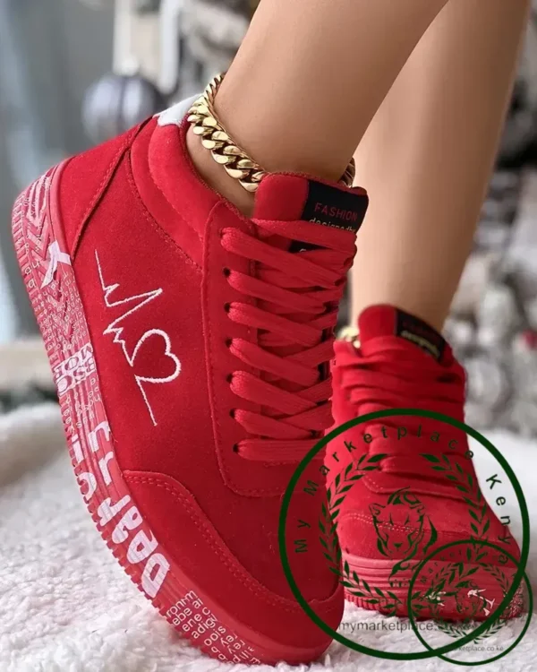 Sneakers Women's Heart Embroidery Lace-up Platform Women Vulcanized Shoes Sneakers Casual Shoes Graffiti Flat - Image 3