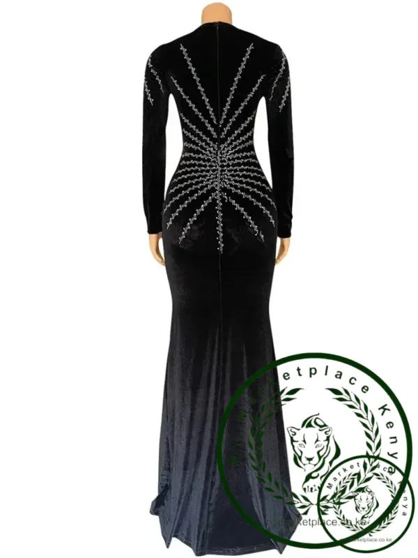 2025 Elegant Diamonds Velvet Long Party Dress for Women Sexy Deep V Evening Gown Formal Black Slim Dress Robe - Image 6