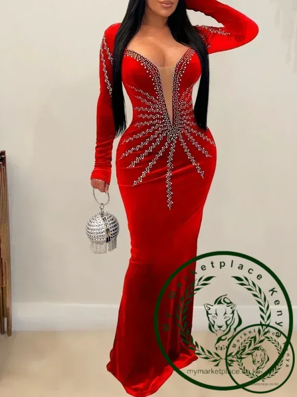 2025 Elegant Diamonds Velvet Long Party Dress for Women Sexy Deep V Evening Gown Formal Black Slim Dress Robe