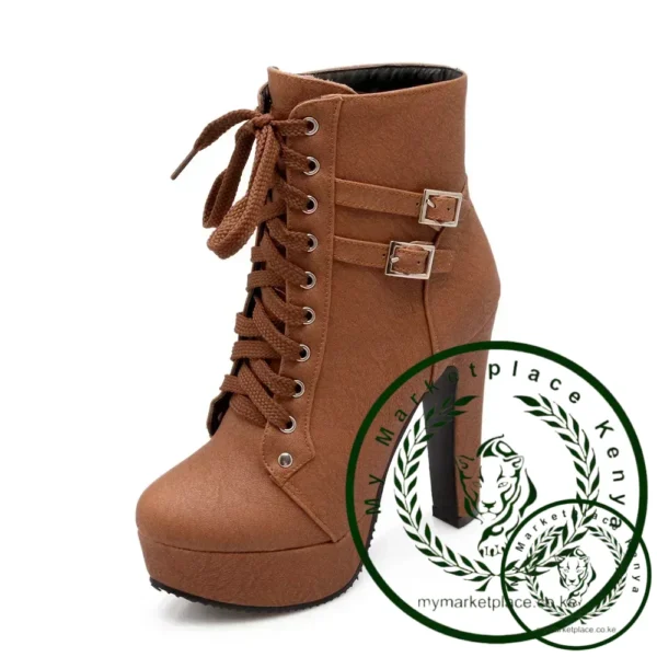 New Women's Pumps Shoes Womens Thick Sole Boots Lace Up Ladies Ankle Boots Comfortable Stiletto Heels - Image 6