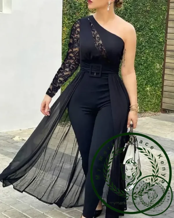 Contrast Lace One Shoulder Sheer Mesh Overlay Jumpsuit for Women Black Skinny Rompers Lady Clothing Fashion New