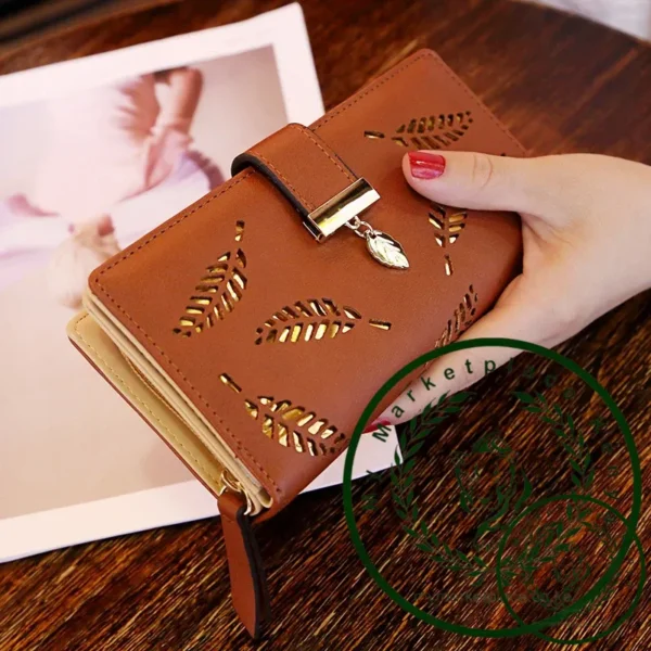 Women Wallet PU Leather Purse Female Long Wallet Gold Hollow Leaves Pouch Handbag For Women Coin Purse Card Holders Clutch - Image 3