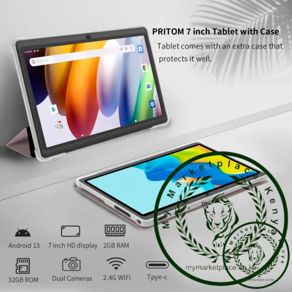 Pritom 7 Inch Tablet PC, Android 13 Quad Core, 4GB(2+2GB Virtual) RAM 32GB ROM, WiFi, Dual Camera, USB C, with Leather Case - Image 2