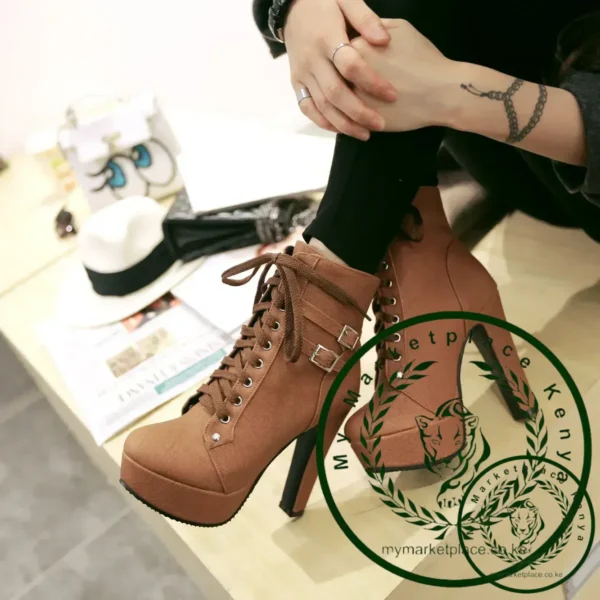 New Women's Pumps Shoes Womens Thick Sole Boots Lace Up Ladies Ankle Boots Comfortable Stiletto Heels - Image 4