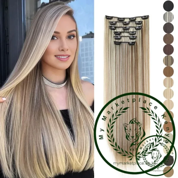 Synthetic 24Inch 16 Clips in Hair Extensions Long Straight Hairstyle Blonde Black Hairpieces Heat Resistant False Hair Daily Use