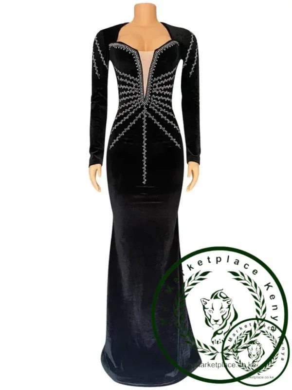 2025 Elegant Diamonds Velvet Long Party Dress for Women Sexy Deep V Evening Gown Formal Black Slim Dress Robe - Image 5