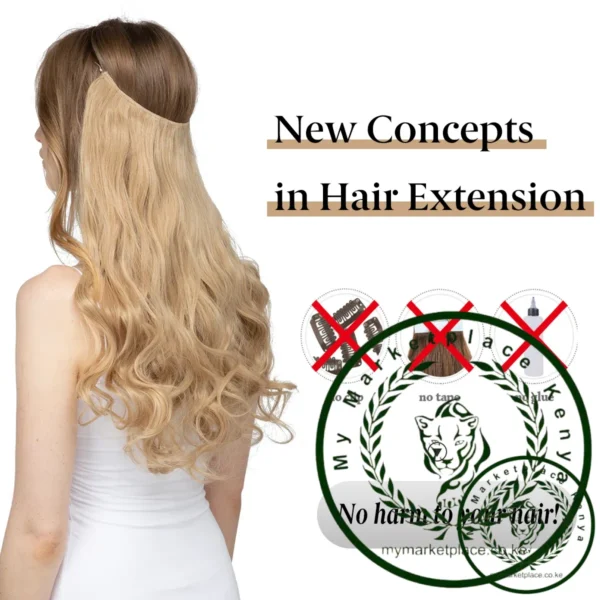 Synthetic No Clips In Natural Hair Extension Ombre Black Blonde Pink One Piece Long Wave Invisible Wire False Fake Hair Piece - Image 3