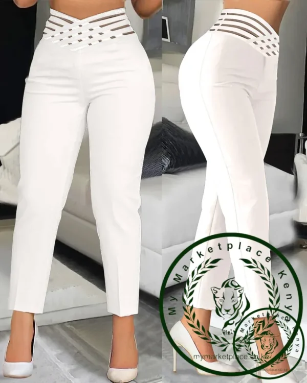 Summer Pants for Women Loose Fashion Overlap Waist Hollow Out Work Pants Spliced Solid Color Thin Feet Capris Office Lady - Image 4