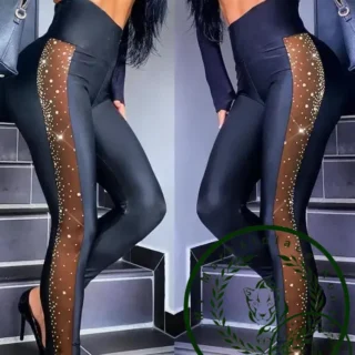 Women's Long Pants 2025 Spring/Summer New Women's Casual Water Diamond Contrast Mesh High Waist Tight Pants