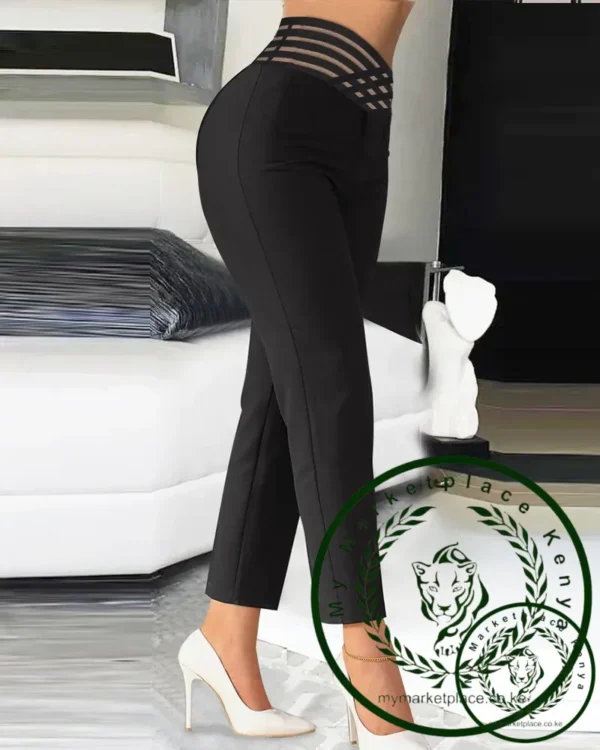 Summer Pants for Women Loose Fashion Overlap Waist Hollow Out Work Pants Spliced Solid Color Thin Feet Capris Office Lady - Image 2