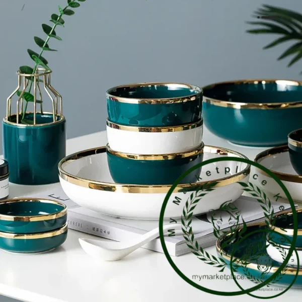 Nordic Ceramic Green Bowls and Plates Set Household Bowsl and Dishes Set Light Luxury Combination with Golden Rim Dinner Plates - Image 4