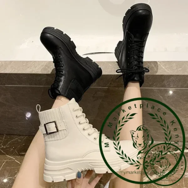 New Women White Ankle Boot PU Leather Thick Sole Lace Up Combat Booties Female Autumn Winter Platform Shoes Rubber Cowboy Boots - Image 2