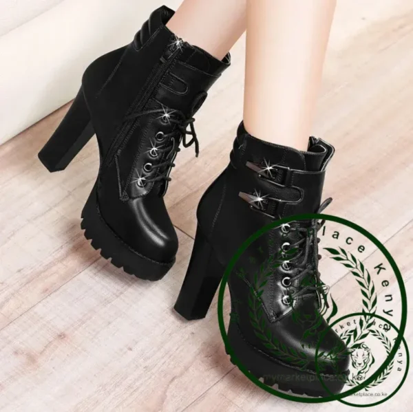 Autumn Winter Boots for Women Plus Velvet High Heels Soft Leather Heels Boots Zipper Metal Buckle Strap Boot Female Botas Altas - Image 3