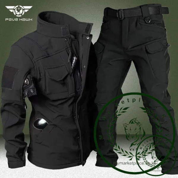 Military Shark Skin Soft Shell Sets Men Winter Multi-pocket Wear-resistant Fleece Warm Jackets+Army Waterproof Pants 2 Pcs Suits