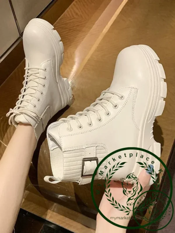 New Women White Ankle Boot PU Leather Thick Sole Lace Up Combat Booties Female Autumn Winter Platform Shoes Rubber Cowboy Boots