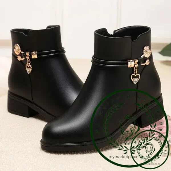 Winter Boots Women's Waterproof Warm Leather Mother Cotton Boots Fashion Black Mid heel Plush Snow Boots Soft Sole Short Boot - Image 2