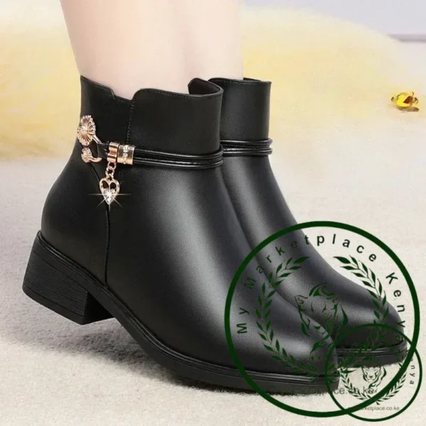 Winter Boots Women's Waterproof Warm Leather Mother Cotton Boots Fashion Black Mid heel Plush Snow Boots Soft Sole Short Boot - Image 3