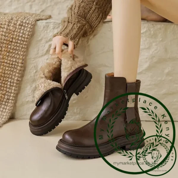 Autumn Winter New Women's Ankle Boots High Quality Wool Warm Platform Leather Boots British Chelsea High Heels Ladies Snow Boot