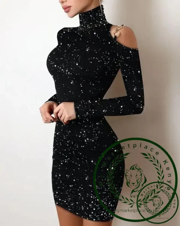 Dresses for Women 2022 Autumn Fashion Rhinestone Decor Sheer Mesh Mock Neck Plain Long Sleeve Skinny Sexy Mini Party Dress - Image 4