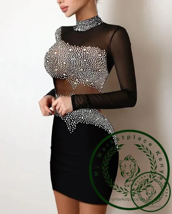 Dresses for Women 2022 Autumn Fashion Rhinestone Decor Sheer Mesh Mock Neck Plain Long Sleeve Skinny Sexy Mini Party Dress
