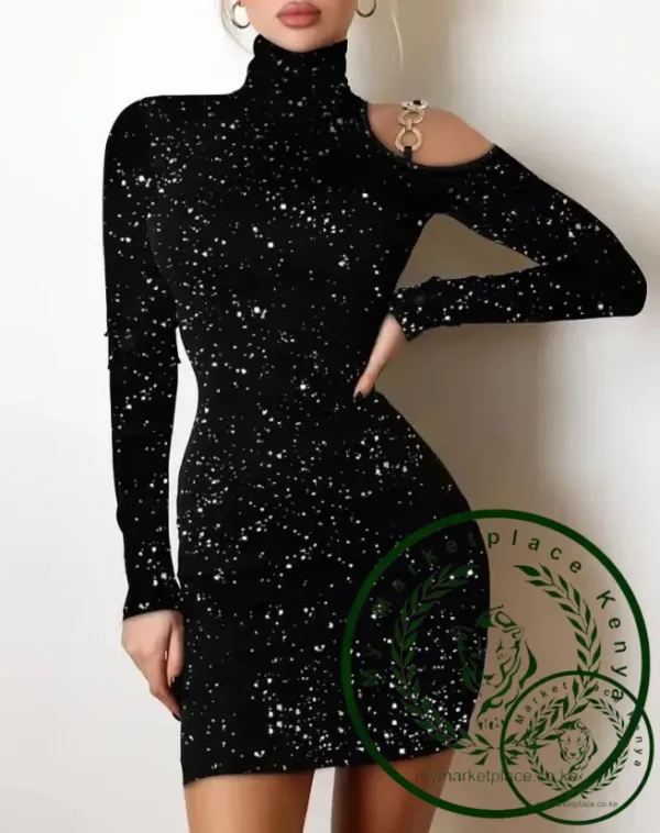 Dresses for Women 2022 Autumn Fashion Rhinestone Decor Sheer Mesh Mock Neck Plain Long Sleeve Skinny Sexy Mini Party Dress - Image 5