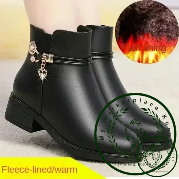 Winter Boots Women's Waterproof Warm Leather Mother Cotton Boots Fashion Black Mid heel Plush Snow Boots Soft Sole Short Boot - Image 5