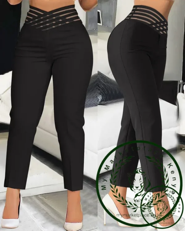 Summer Pants for Women Loose Fashion Overlap Waist Hollow Out Work Pants Spliced Solid Color Thin Feet Capris Office Lady - Image 3