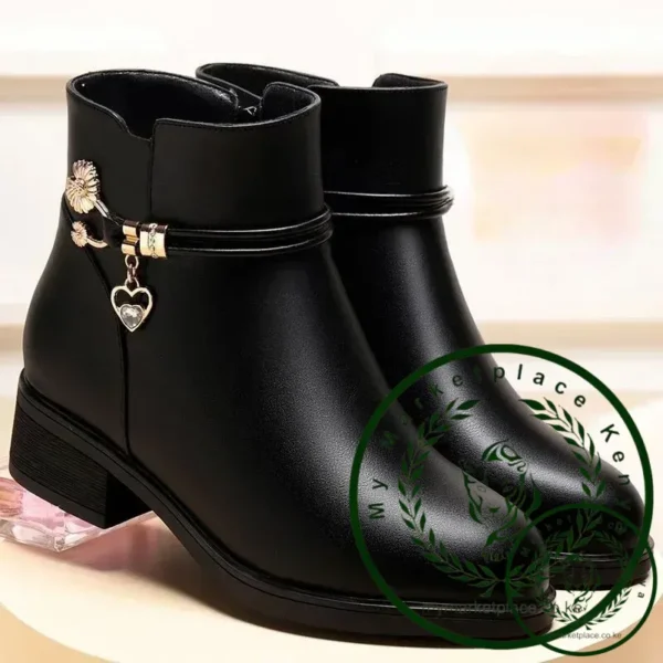 Winter Boots Women's Waterproof Warm Leather Mother Cotton Boots Fashion Black Mid heel Plush Snow Boots Soft Sole Short Boot - Image 4