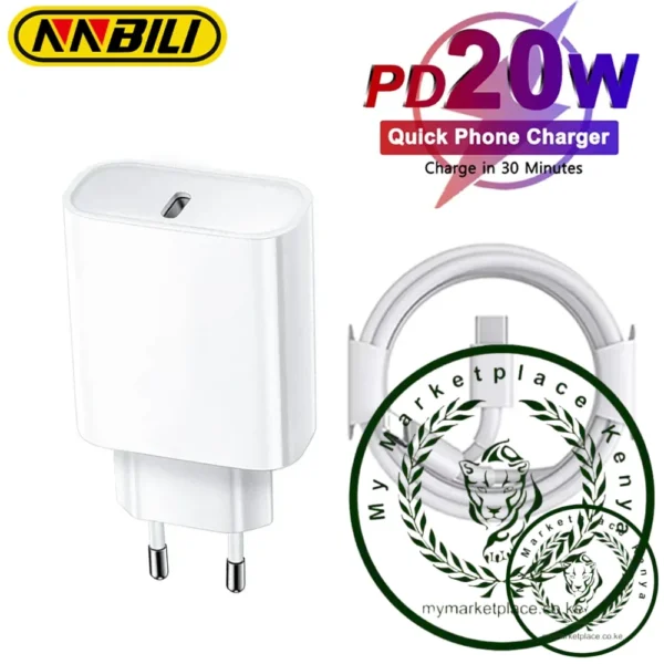 NNBILI 20W PD Fast EU Desktop Charger Wall Charger for IPhone 11 12 13 14 Pro Max Super Rapid Charging USB C PD Cable 1m 1.5m 2m