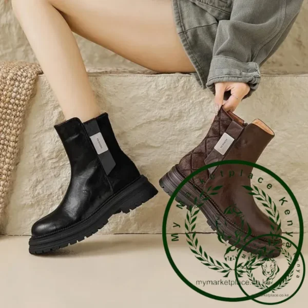 Autumn Winter New Women's Ankle Boots High Quality Wool Warm Platform Leather Boots British Chelsea High Heels Ladies Snow Boot - Image 5