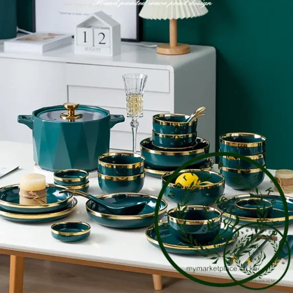 Nordic Ceramic Green Bowls and Plates Set Household Bowsl and Dishes Set Light Luxury Combination with Golden Rim Dinner Plates