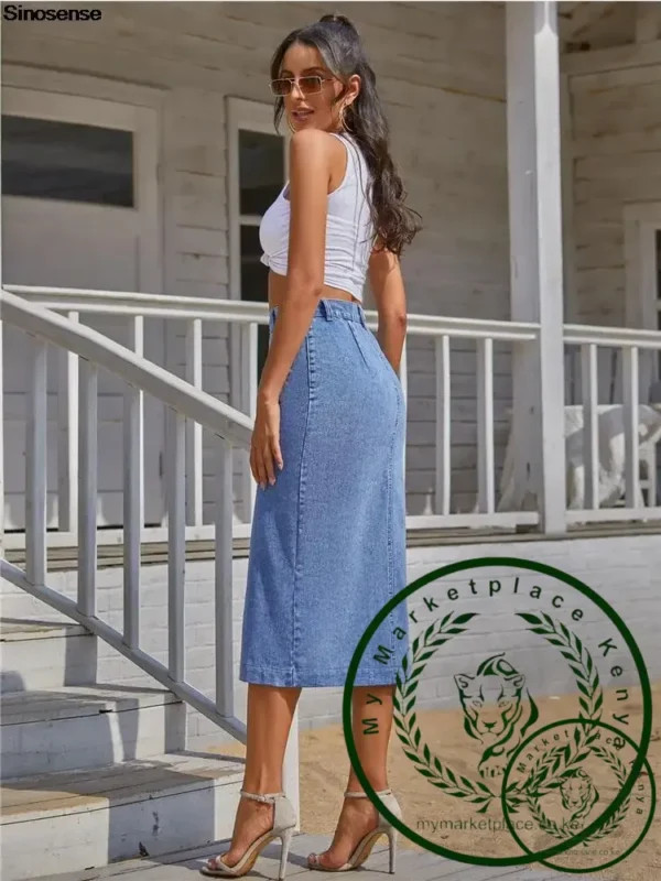 Women's Maxi Pencil Jean Skirt High Waisted A-Line Long Denim Skirts Ins Button Down Side Split Hem Stretch Blue Jean Skirt - Image 6