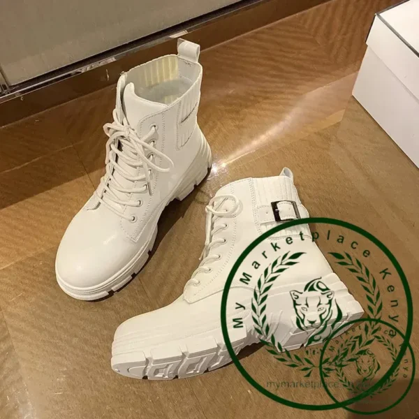 New Women White Ankle Boot PU Leather Thick Sole Lace Up Combat Booties Female Autumn Winter Platform Shoes Rubber Cowboy Boots - Image 3
