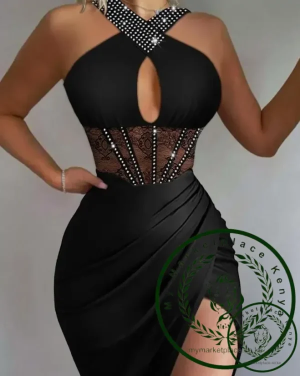 Sexy Night Out Party Dresses for Women 2022 Rhinestone Ruched High Slit Contrast Lace Corset Sleeveless Halter Slim Dress New
