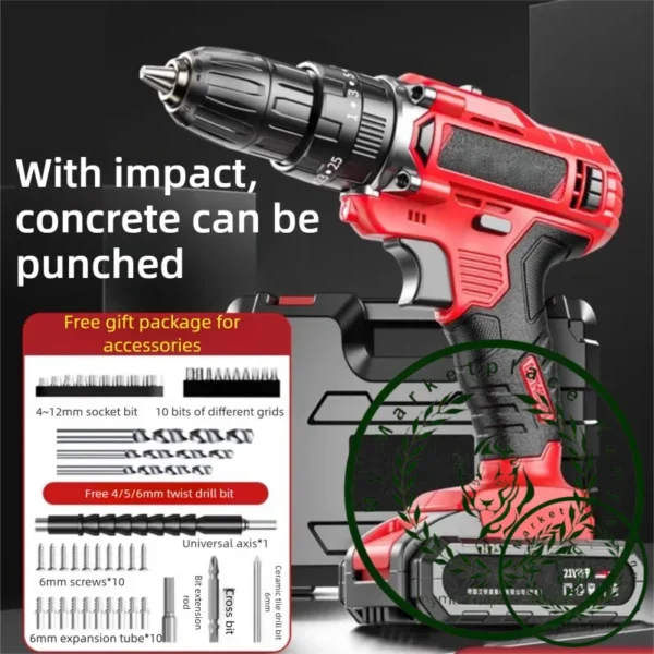 Powerful Electric Drill 2-in-1 Multifunctional Rechargeable Cordless Electric Screwdriver Dual Speed Impact Drill Power Tool Set - Image 2