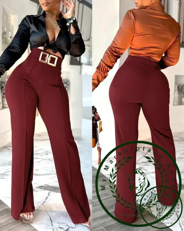 New Fashion2025 Metal Button Decor High Waist Pants Casual Slim Fit Strechy Business Pants Trouser Female Womens Clothing Bottom