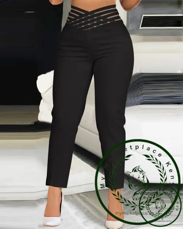 Summer Pants for Women Loose Fashion Overlap Waist Hollow Out Work Pants Spliced Solid Color Thin Feet Capris Office Lady - Image 6
