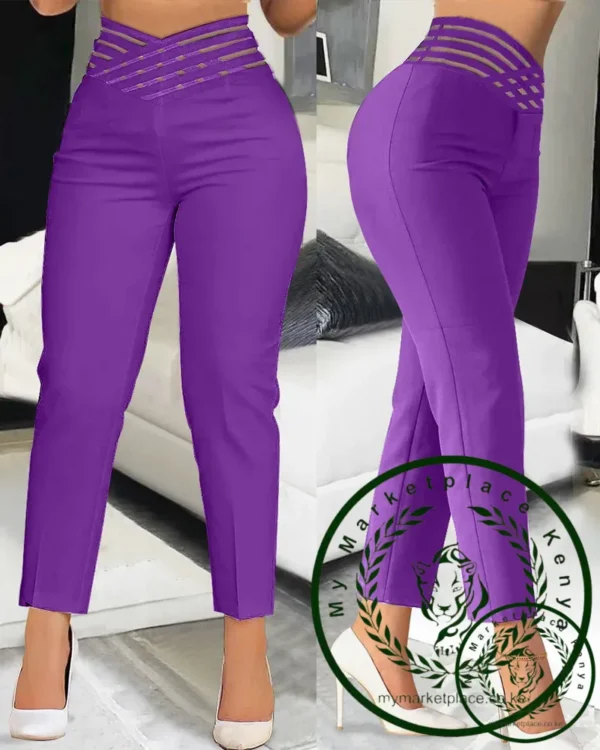 Summer Pants for Women Loose Fashion Overlap Waist Hollow Out Work Pants Spliced Solid Color Thin Feet Capris Office Lady - Image 5