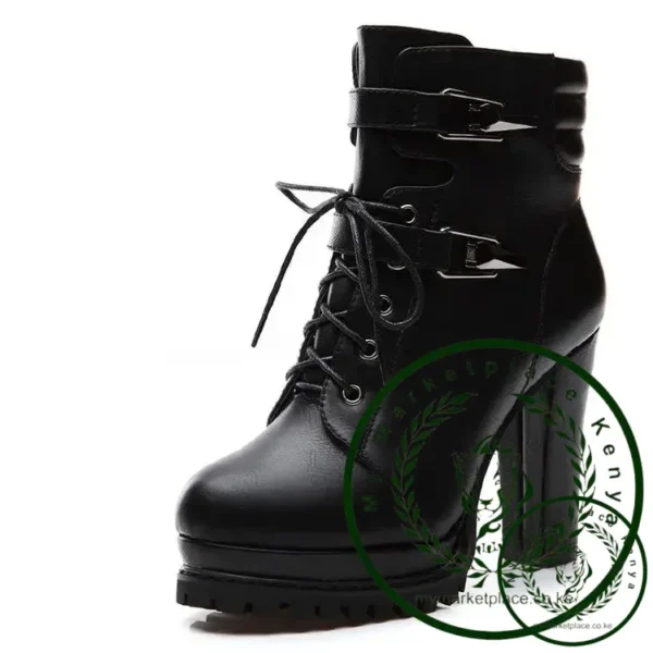 Autumn Winter Boots for Women Plus Velvet High Heels Soft Leather Heels Boots Zipper Metal Buckle Strap Boot Female Botas Altas - Image 4