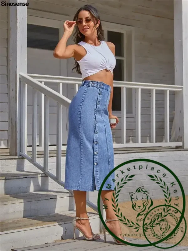 Women's Maxi Pencil Jean Skirt High Waisted A-Line Long Denim Skirts Ins Button Down Side Split Hem Stretch Blue Jean Skirt - Image 5