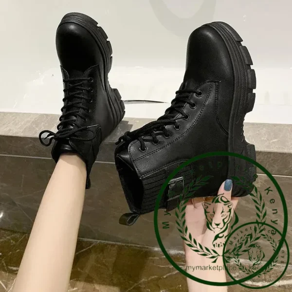 New Women White Ankle Boot PU Leather Thick Sole Lace Up Combat Booties Female Autumn Winter Platform Shoes Rubber Cowboy Boots - Image 4