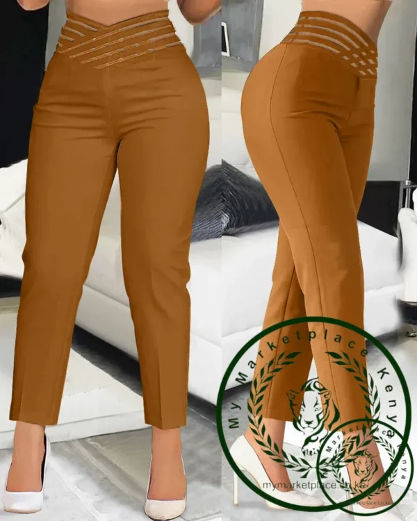 Summer Pants for Women Loose Fashion Overlap Waist Hollow Out Work Pants Spliced Solid Color Thin Feet Capris Office Lady